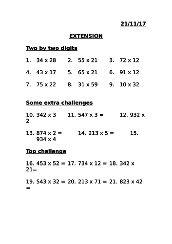 Extension for column multiplication 2 by 2, 3 by 1 and 3 by 2 MASTERY