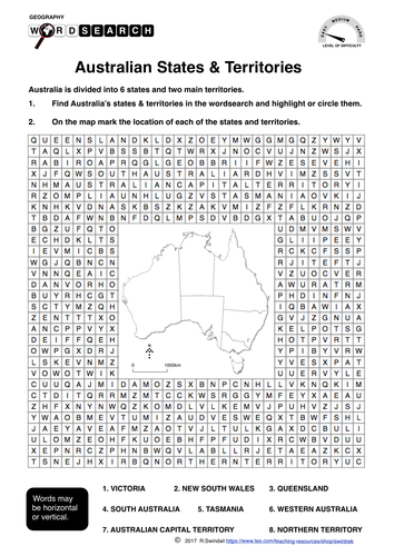 Australian States and Territories - word search and mapping exercise