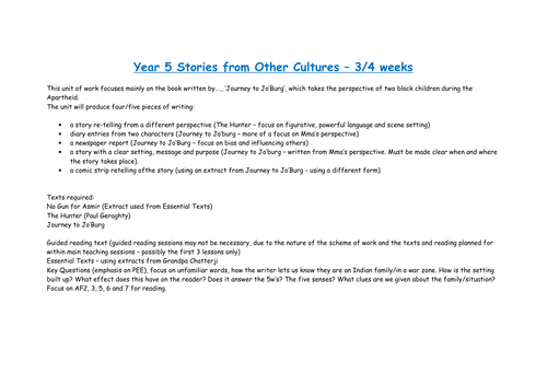 Stories from other cultures. Full unit of work and lesson plans. Key text - Journey to Jo'burg.