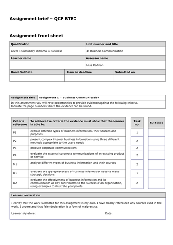 Level 3 BTEC Unit 4 Business Communication (Assignment and Assessment Grid)
