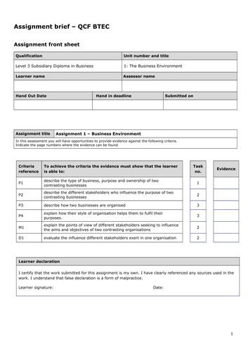 btec business level 3 unit 1 assignment 3 p7