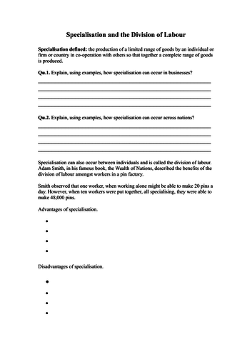 Specialisation and Division of Labour worksheet