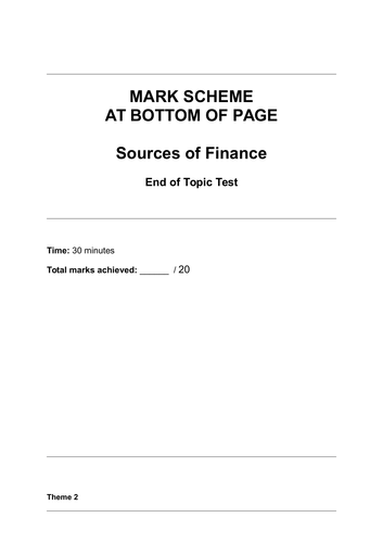 Sources of Finance - End of Topic Test - A Level Edexcel Theme 2 - OCR - AQA - GCSE