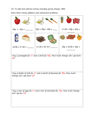 Year 3 - To add and subtract money including giving change (LA)