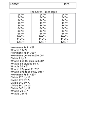 Seven Times Table Worksheet practice