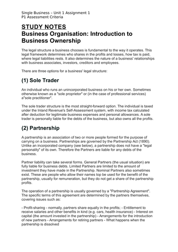 Level 3 BTEC Business Unit 1 - The Business Environment (P1)