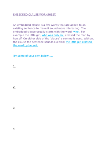 Embedded and subordinate clause worksheet.