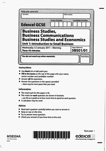 Edexcel GCSE Business Studies Unit 1: Introduction to Small Business Beat the Teacher Jan 2011