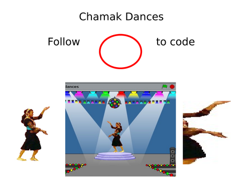 Follow me!  Chamak dances, Scratch 38 slide activity for primary