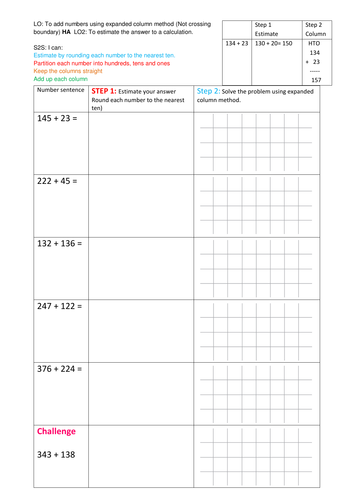 Year 3 - 3-digit by 2-digit column addition with estimating and rounding (No exchanging)