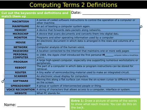 Computing Terms Definitions Matchup #2 ICT Starter Activity Keywords KS3 GCSE Cover Homework