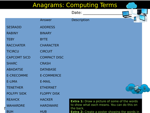 Computing Key Terms Anagrams Sheet ICT Technology Starter Activity Keywords KS3 GCSE Cover Homework