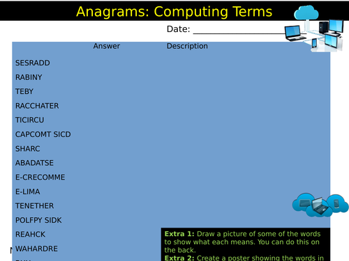 2 x Computing Key Terms Anagrams Sheet ICT Technology Starter Activity Keywords KS3 GCSE Cover