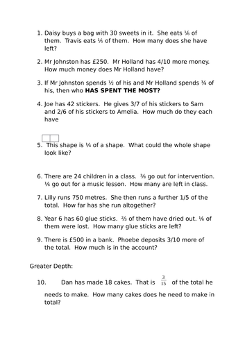 Fractions of a number word problems with greater depth