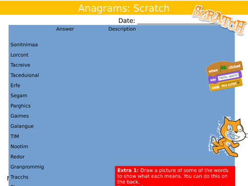 Scratch Programming Anagrams Sheet ICT Computing Starter Activity Keywords KS3 GCSE Cover