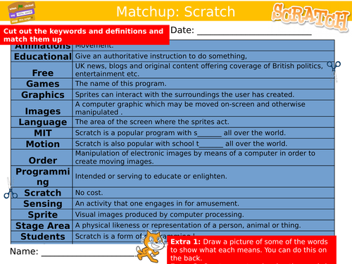 Scratch Programming Cut & Matchup Sheet ICT Computing Starter Activity Keywords KS3 GCSE Cover