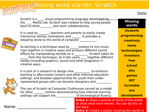 Scratch Programming Missing Words Cloze ICT Computing Starter Activity Keywords KS3 GCSE Cover
