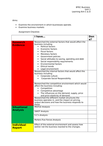 Pearsons BTEC Level 3 - Unit 1 Exploring Business Learning Aims C + D