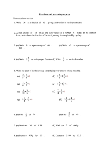 Homework or test on fractions and percentages