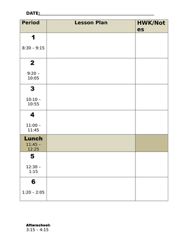 7 Period Teachers Planner Page