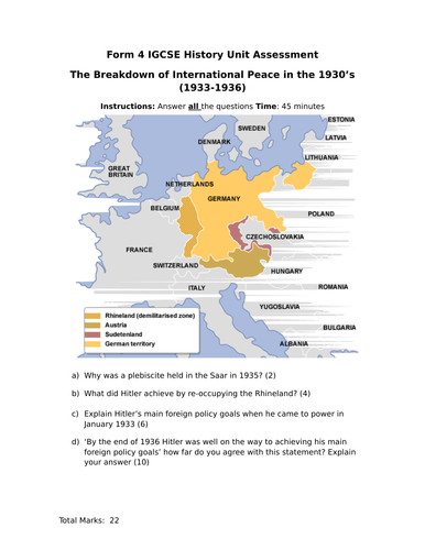 IGCSE/GCSE Unit Assessment (Paper 1 style) Hitler Foreign Policy 1933 - 1936