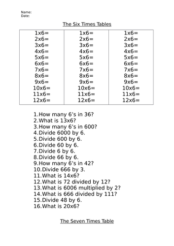 Six, Seven and Eight Times Table Practice