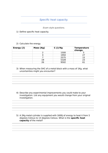 Physics - Specific heat capacity worksheet. | Teaching Resources