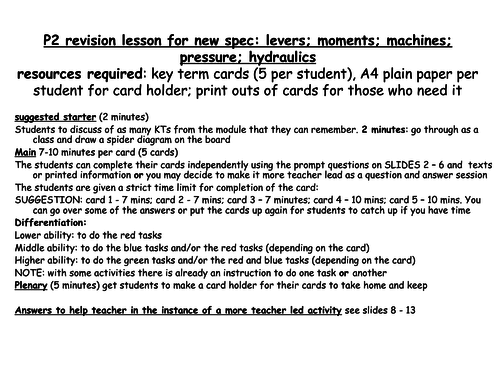 KS3 new spec revision lesson for levers, machines, moments, pressure and hydraulics