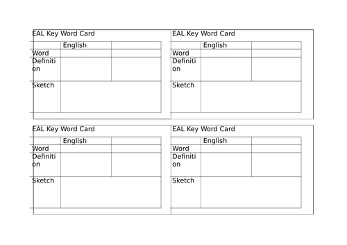 Key word cards and EAL key word cards