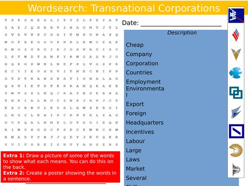 Transnational Companies Wordsearch Geography Starter Activity Keywords KS3 GCSE Cover Multinational