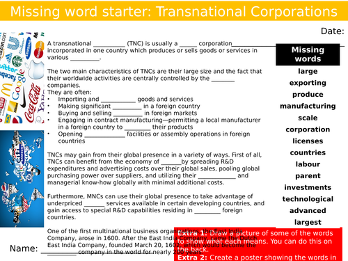 Transnational Companies Missing Cloze Words Geography Starter Keywords KS3 GCSE Multinational