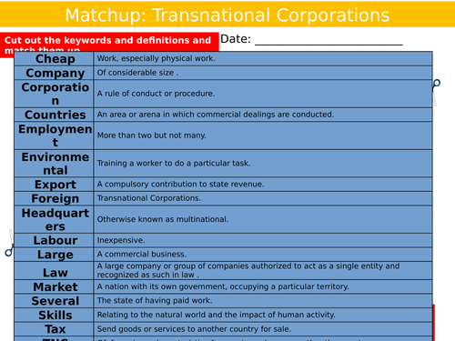 Transnational Companies Definitions Matchup Geography Starter Activity KS3 GCSE Cover Multinational