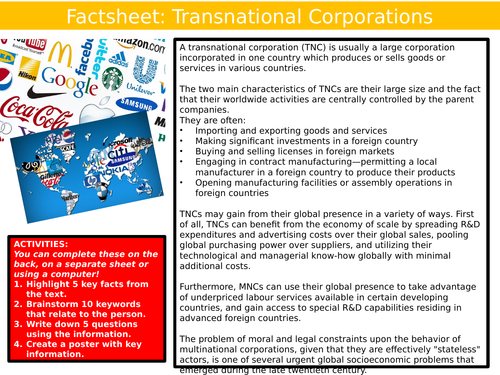 Transnational Companies Factsheet Geography Starter Activity Keywords KS3 GCSE Cover Multinational