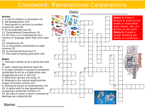 Transnational Companies Crossword Geography Starter Activity Keywords KS3 GCSE Cover Multinational