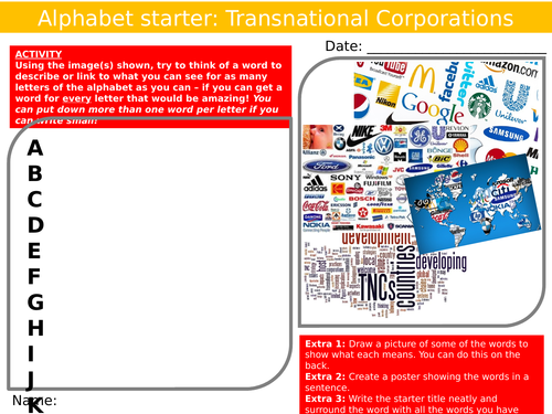 Transnational Companies Alphabet Analyser Geography Starter Keywords KS3 GCSE Cover Multinational