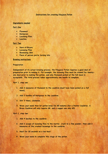 Harry Potter - Example Instructions for Creating Potions