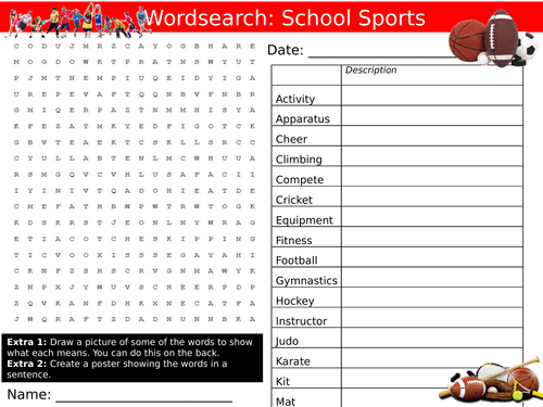 School Sports Wordsearch PE Sport Pjhyscial Education Starter Keywords Activity KS3 Cover Lesson