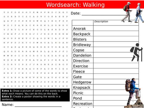 Walking Hiking Wordsearch PE Sports Physcial Education Starter Keywords Activity KS3 Cover Lesson