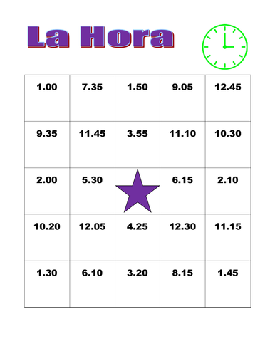 Hora (Time in Spanish) Bingo