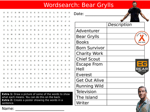 Bear Grylls Wordsearch PE Scouts Survival Starter Keywords Activity KS3 GCSE Cover Lesson