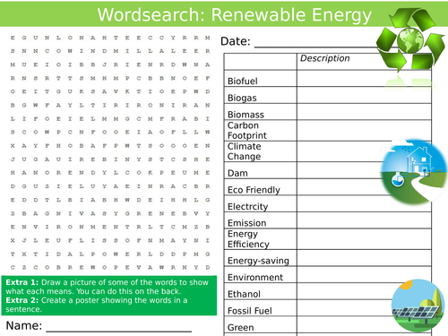 Renewable Energy Wordsearch Green Science Starter Keywords Activity KS3 GCSE Cover Lesson