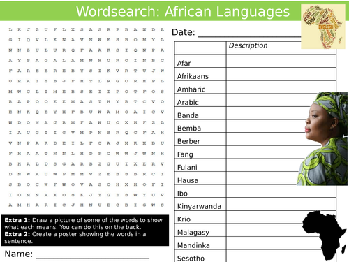 African Languages Wordsearch Countries Geography Starter Keywords Activity KS3 GCSE Cover Lesson