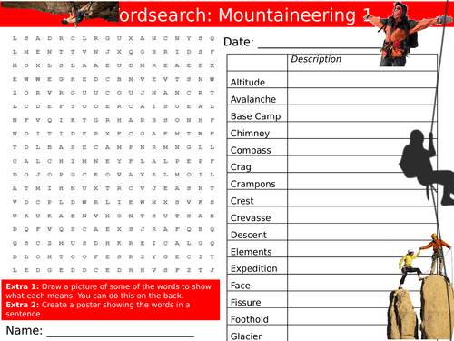 Mountaineering #1 Wordsearch PE Sports Starter Keywords Activity KS3 GCSE Cover Lesson