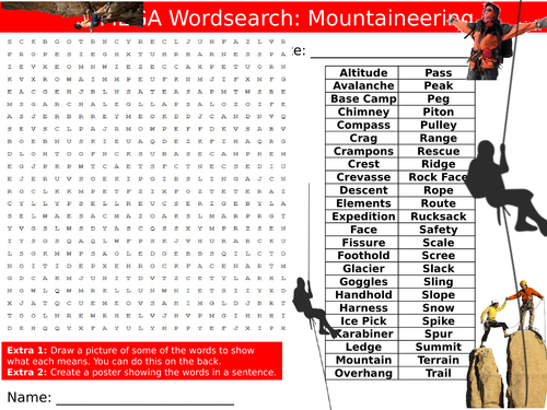 3 x Mountaineering Wordsearches PE Sports Starter Keywords Activity KS3 GCSE Cover Wordsearch