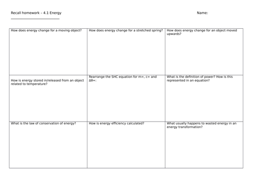 Recall worksheets for AQA Physics - Paper 1