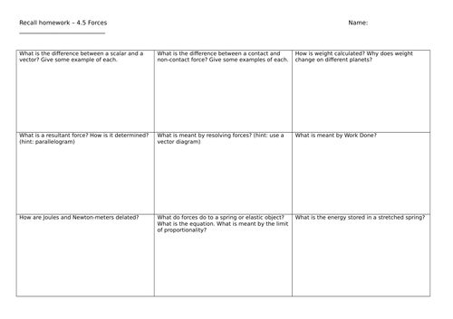 Recall worksheets for AQA Physics - Paper 2
