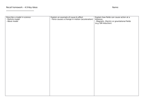 Recall worksheets for AQA Physics - Key ideas & practicals