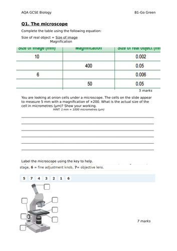 AQA GCSE BIOLOGY B1 REVISION RESOURCE