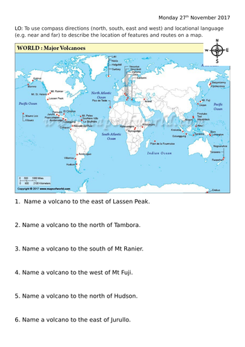 Finding and describing volcanoes locations on a world map