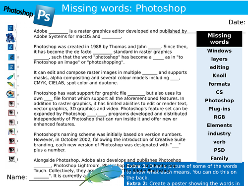 Adobe Photoshop Missing Words Cloze ICT Computing Starter Keywords Activity Keywords KS3 GCSE Cover